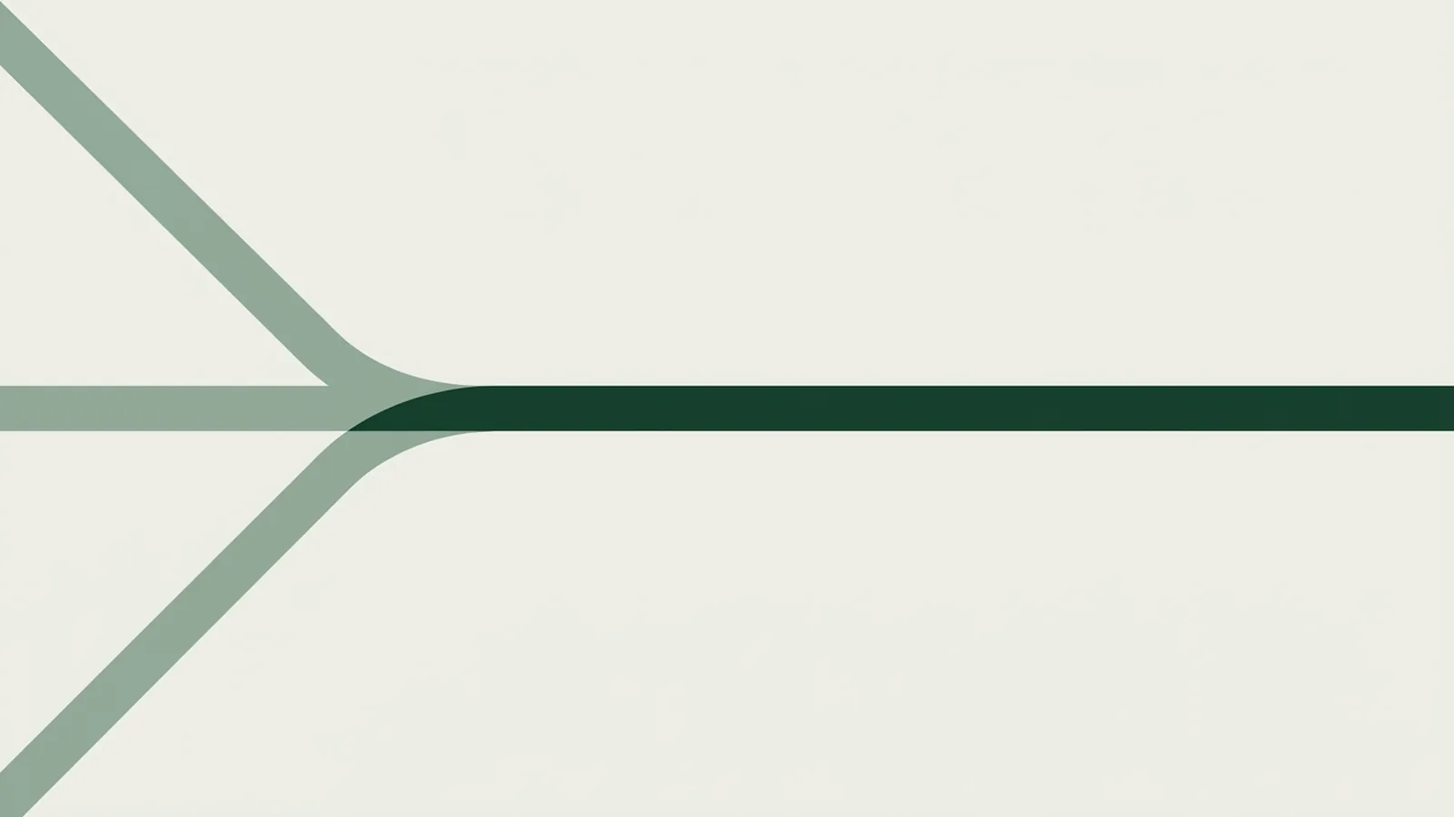 Drie sage lijnen van links, boven, midden en onder, buigen met een ronde bocht naar elkaar toe en lopen als één donkere lijn gelijkmatig door naar rechts