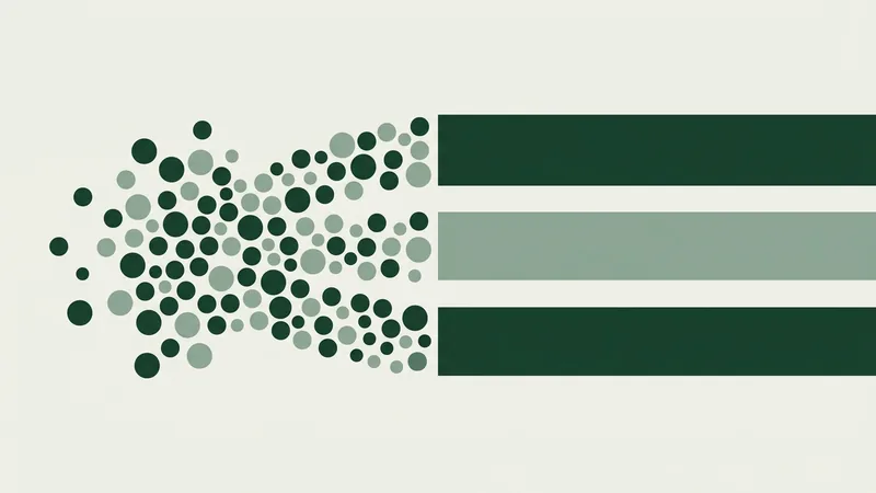 Een dichte wolk gemengde stippen links waaiert rechts uit in drie rechte banen van elk één kleur